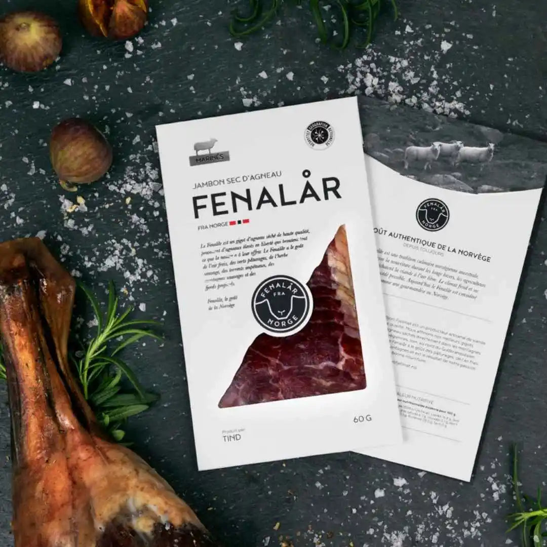 Euis prétranchés de 60g de Fenalår de la marque Tind. Jambon d'agneau de Norvède IGP
