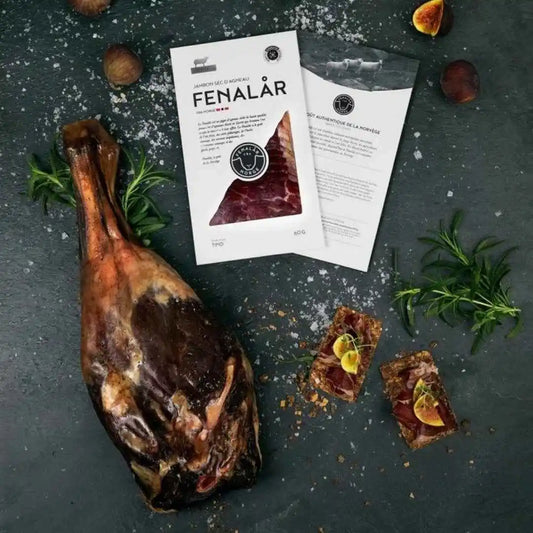 Fenalår mariné :  jambon d'agneau de Norvège IGP de la marque Tind en étuis prétranchés de 60g
